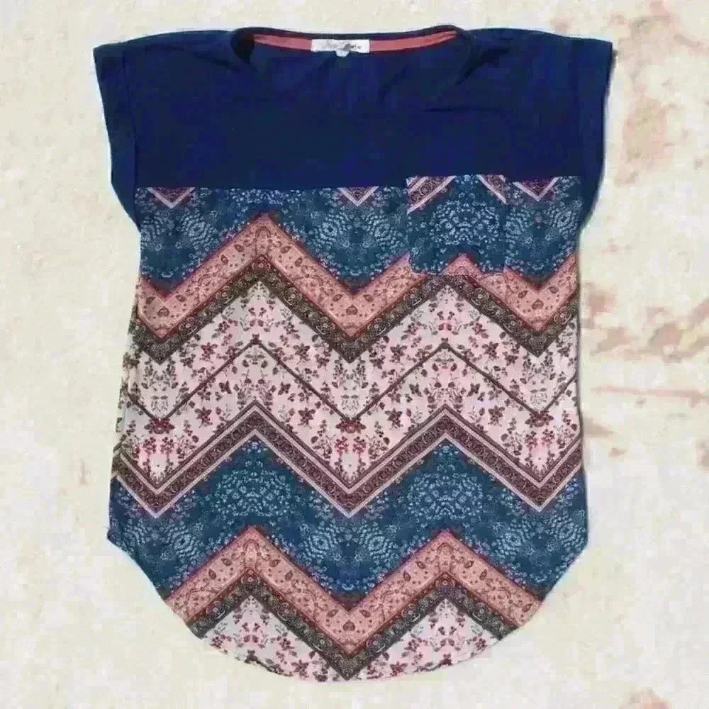 REWIND Patchwork Quilt Handkerchief Short Sleeve Lightweight Top Women XS